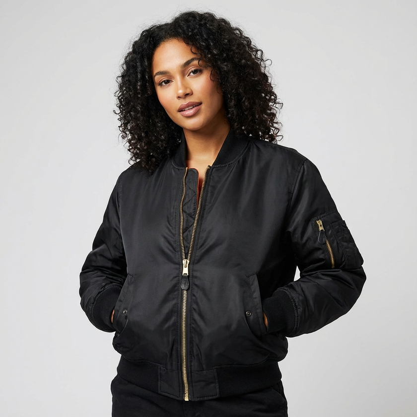 Bomber Jacket Women Satin Utility Pockets Classic