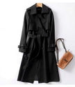 Trench Coat Women Double Breasted Belted Long Lapel Collar