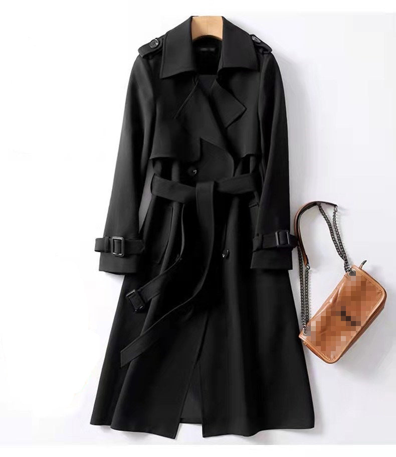 Trench Coat Women Double Breasted Belted Long Lapel Collar