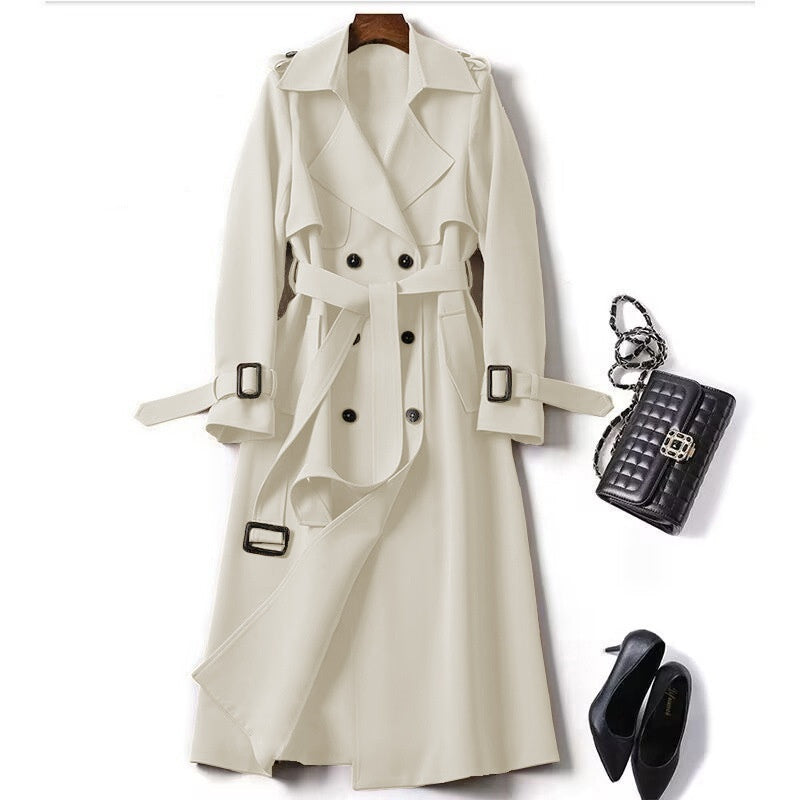 Trench Coat Women Double Breasted Belted Long Lapel Collar