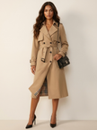 Trench Coat Women Double Breasted Belted Long Lapel Collar