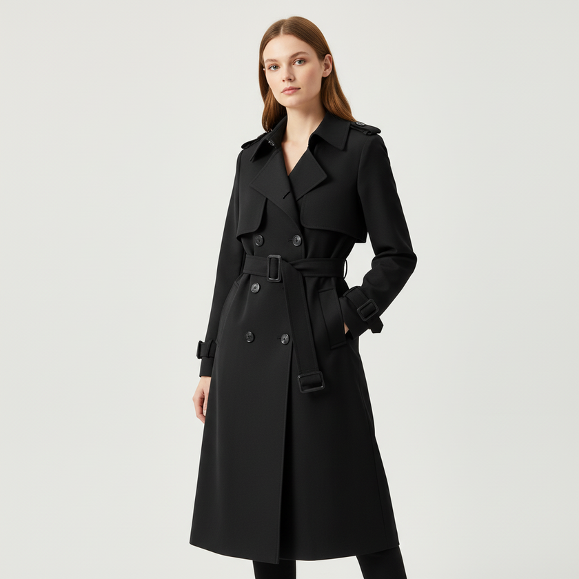 Trench Coat Women Double Breasted Belted Long Lapel Collar