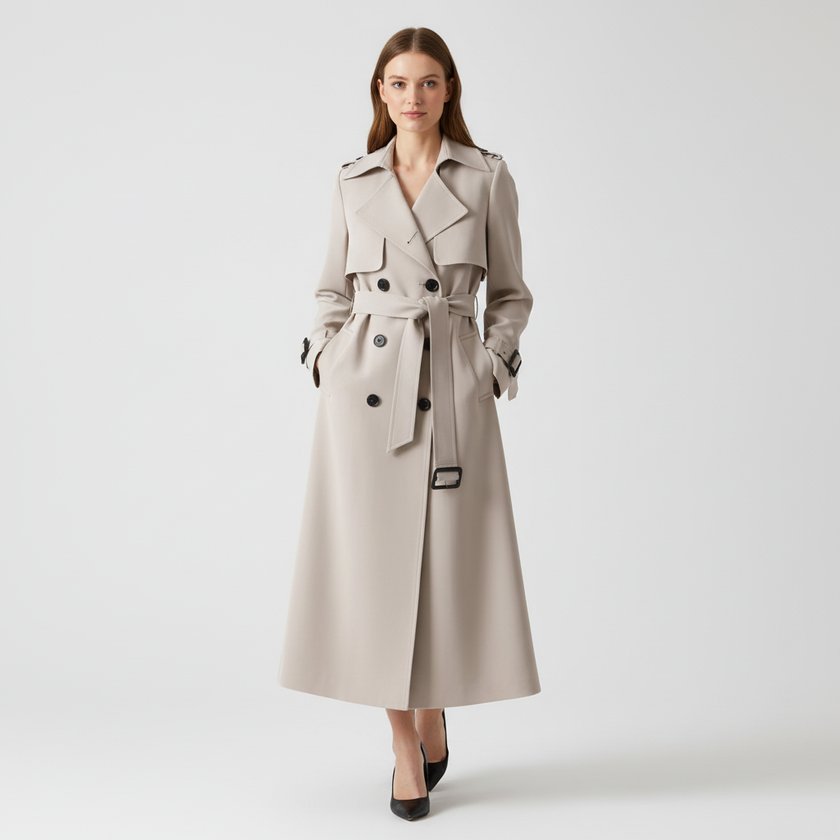 Trench Coat Women Double Breasted Belted Long Lapel Collar
