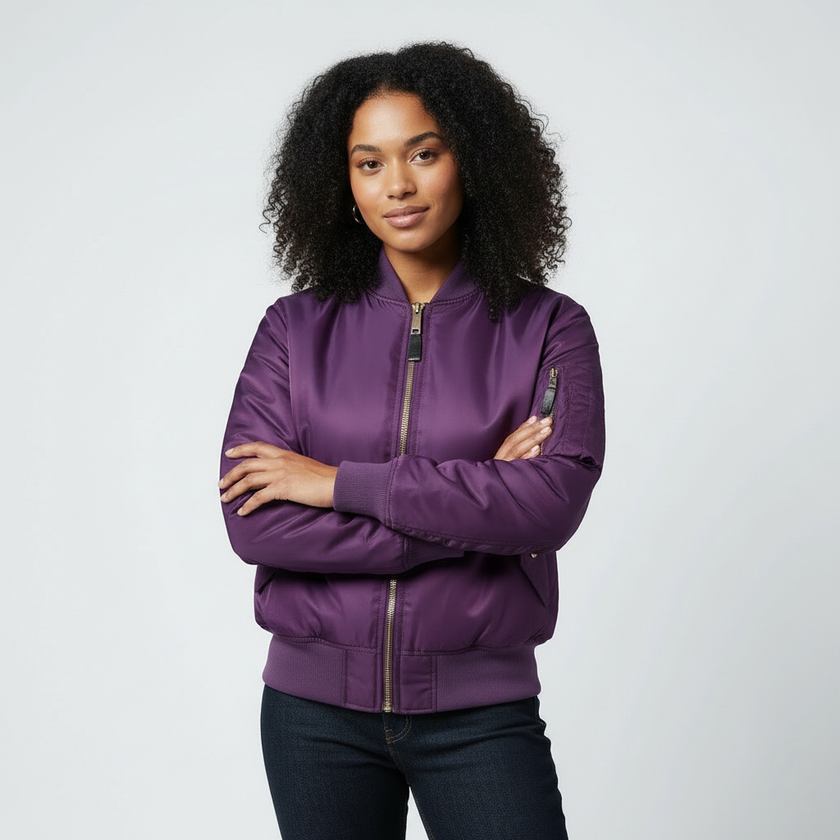 Bomber Jacket Women Regular Fit Zip-Up Ribbed Collar Utility Pocket