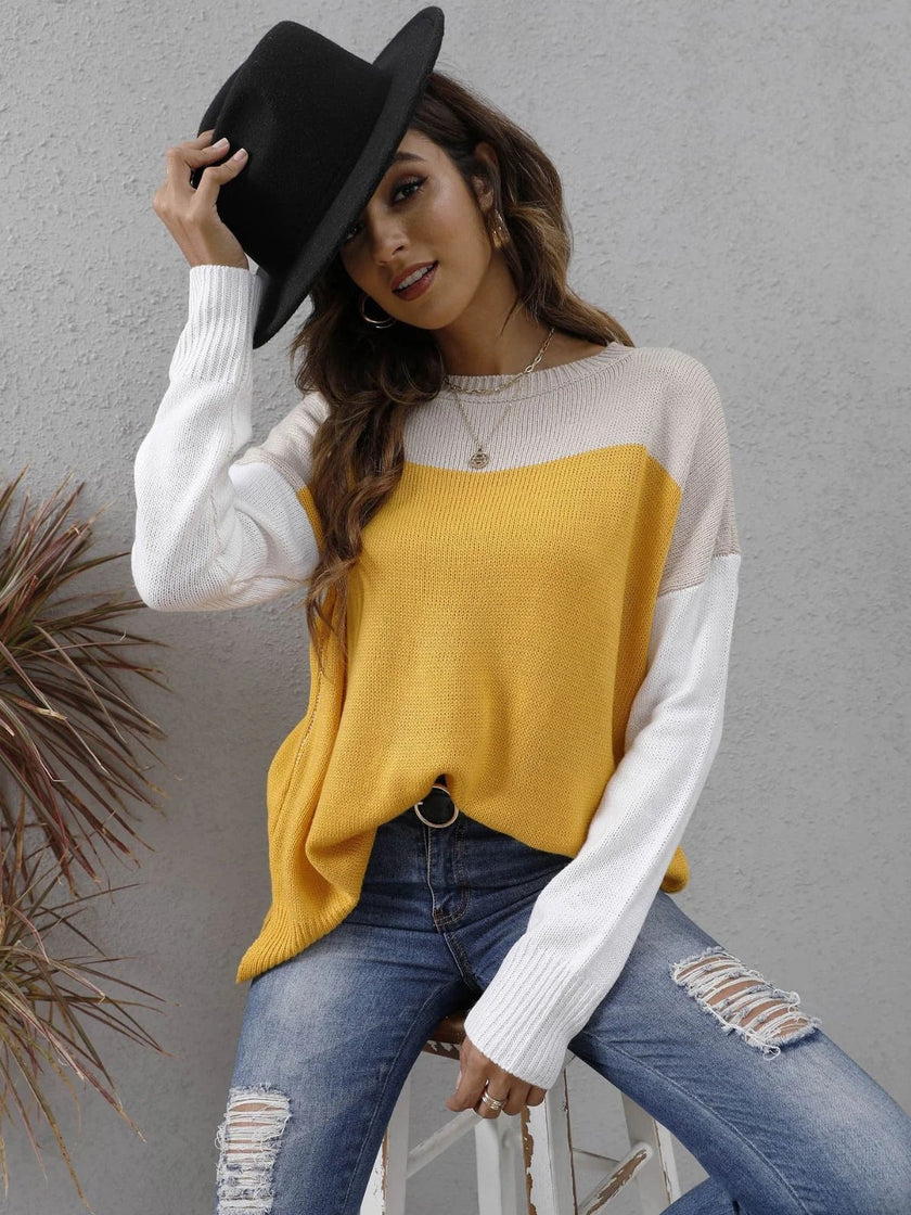 Colourblock Knit Sweater Women Long Sleeve Relaxed Fit