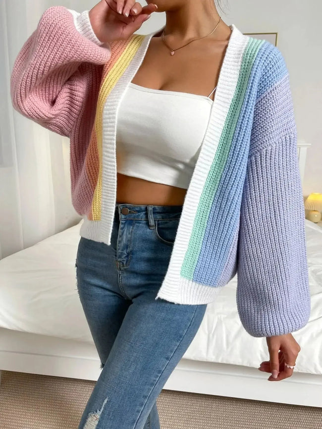 Colourblock Cardigan Women Soft Knit Open-Front Relaxed Fit