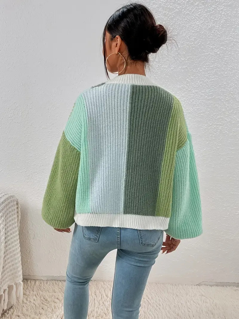 Colourblock Cardigan Women, Soft Knit Open-Front Relaxed Fit