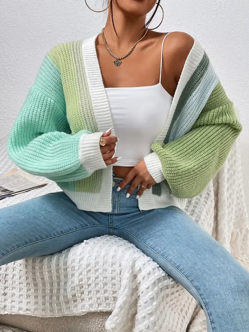 Colourblock Cardigan Women, Soft Knit Open-Front Relaxed Fit