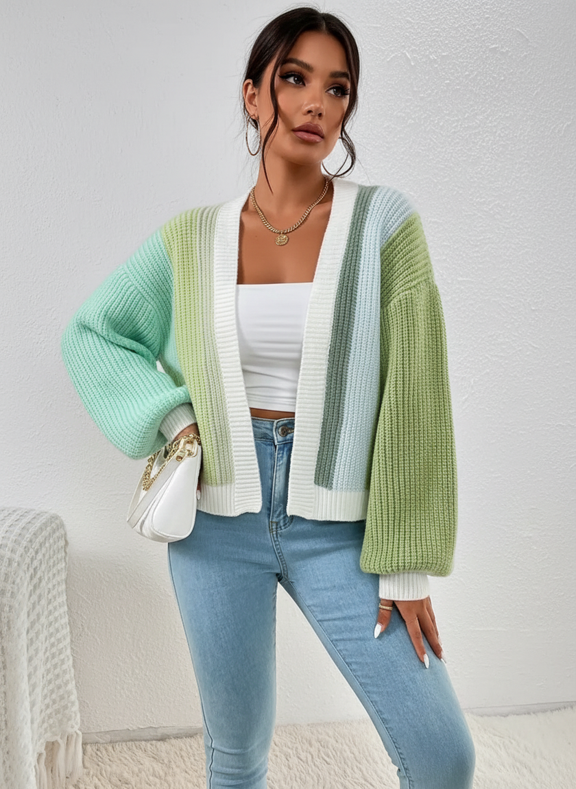 Colourblock Cardigan Women, Soft Knit Open-Front Relaxed Fit
