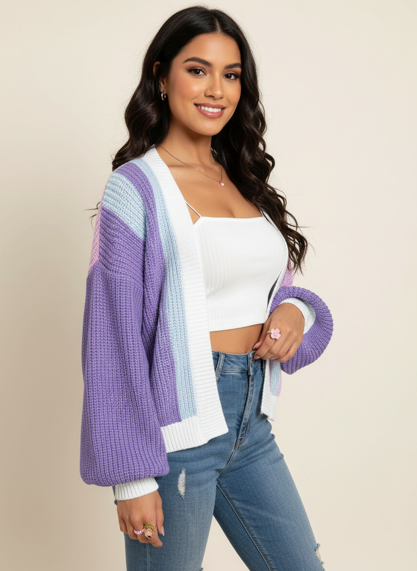 Colourblock Cardigan Women, Soft Knit Open-Front Relaxed Fit