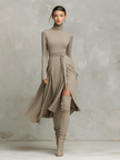 FJØRNA knit long sleeve midi evening dress in soft, textured fabric, featuring a fitted silhouette and elegant design.
