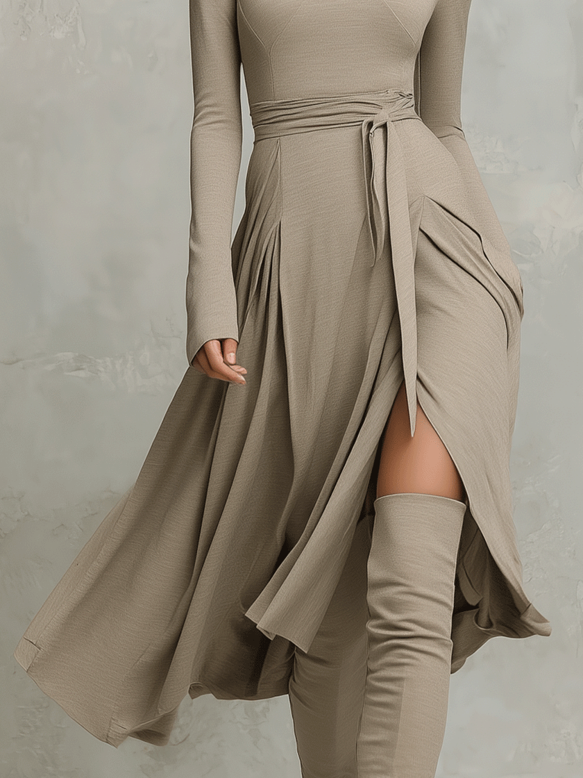 FJØRNA knit long sleeve midi evening dress featuring a fitted silhouette and soft fabric, suitable for elegant occasions.