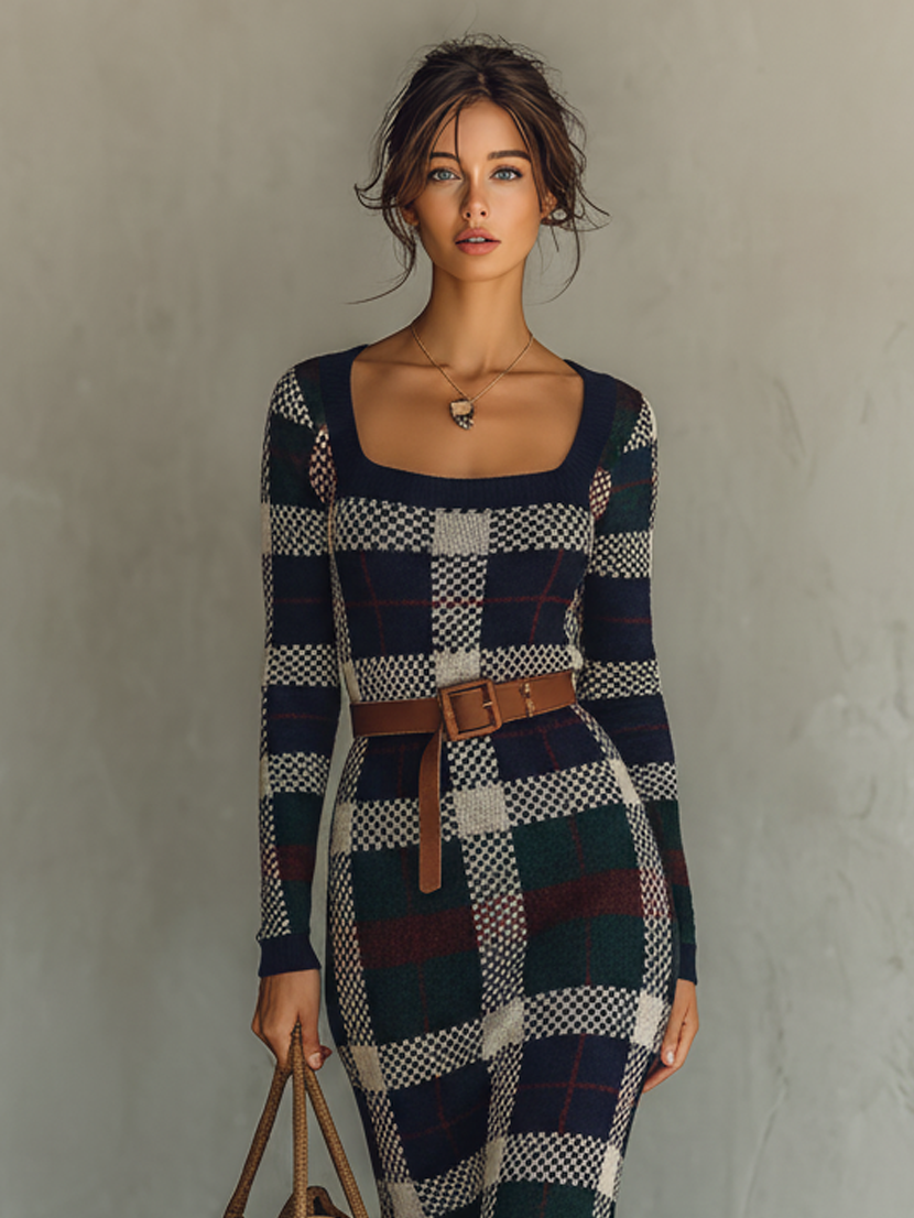FJØRNA women's knit maxi dress featuring a flowing silhouette and long sleeves, styled with a V-neck and ribbed texture.