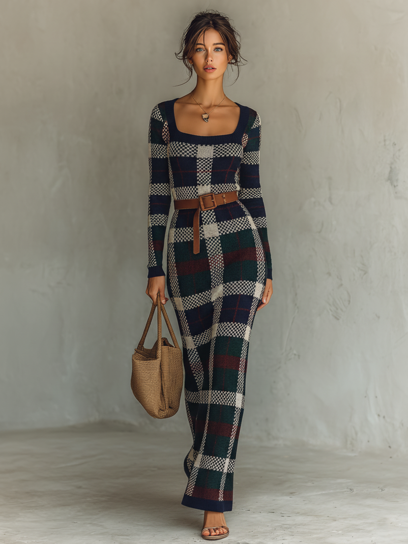 FJØRNA women's knit maxi dress featuring a flowing silhouette, long sleeves, and a cozy, textured fabric for elegant comfort.