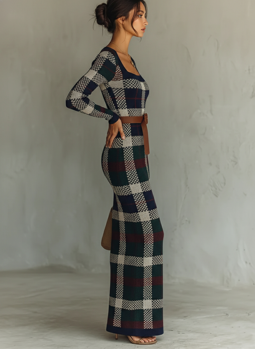 FJØRNA knit maxi dress for women, full-length with long sleeves and a fitted waist, displayed on a hanger against a white background.