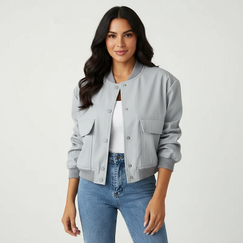 Bomber Jacket Women Cropped Flap Chest Pockets