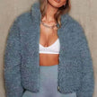 Teddy Jacket Women Cropped Zip Front Relaxed Fit