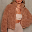 Teddy Jacket Women Cropped Zip Front Relaxed Fit