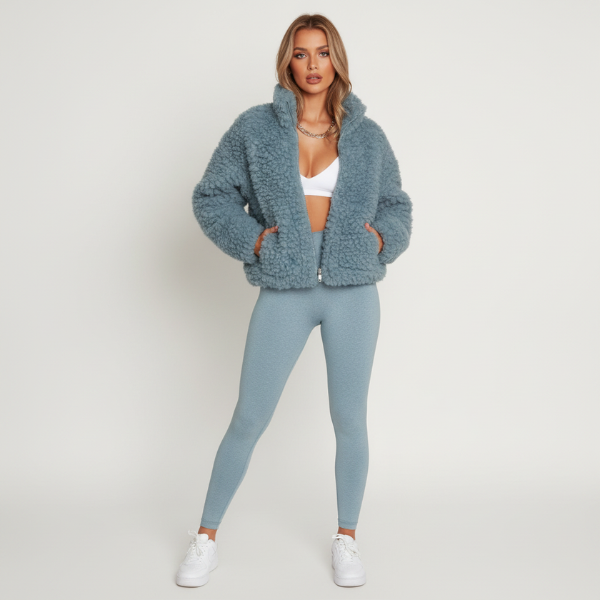 Teddy Jacket Women Cropped Zip Front Relaxed Fit