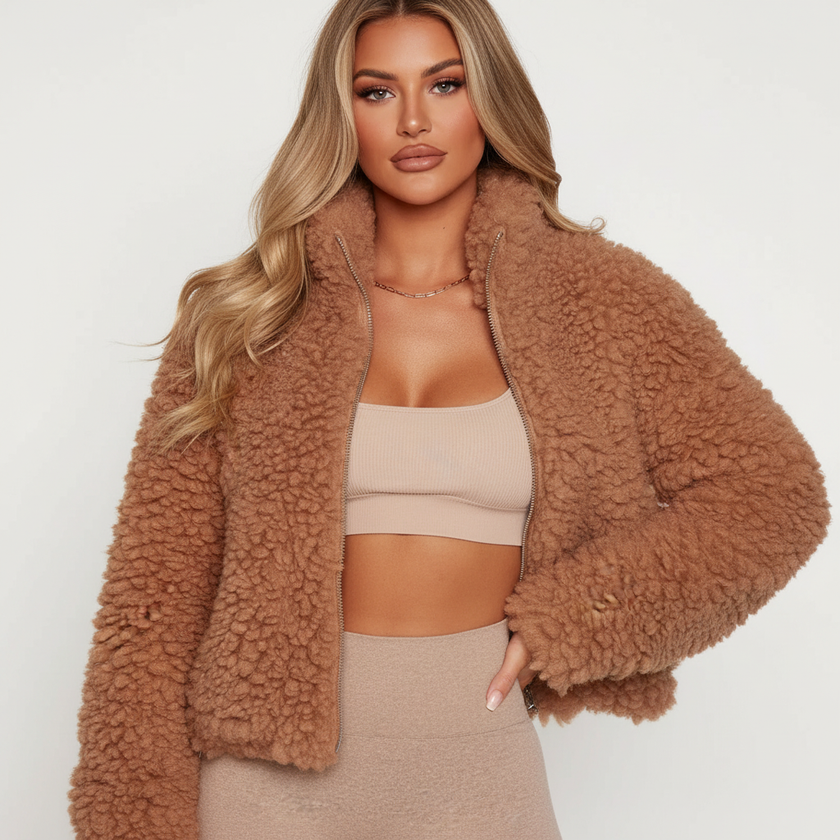 Teddy Jacket Women Cropped Zip Front Relaxed Fit