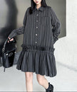 FJØRNA Stripe Tier Shirt Dress in white, featuring a tiered design and button-down front, displayed on a hanger.