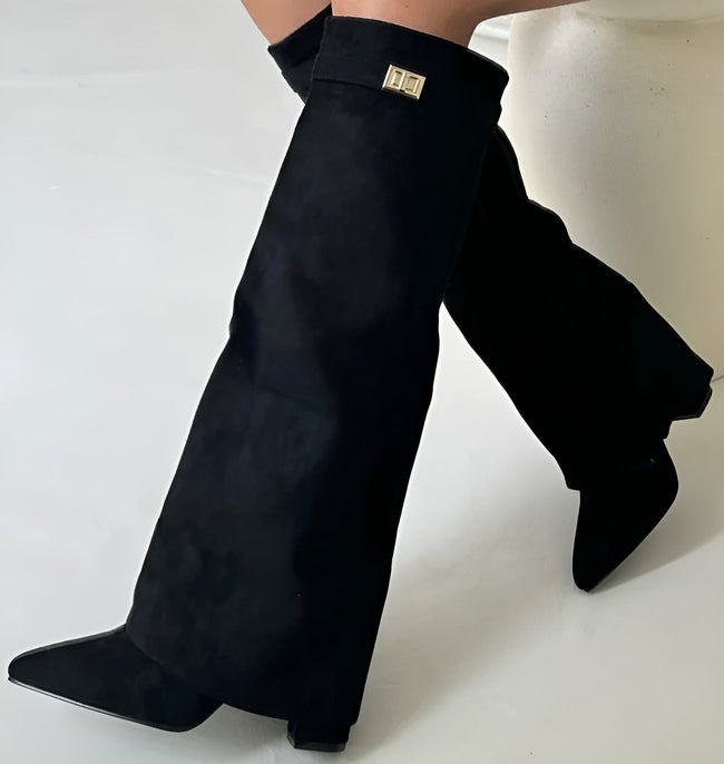 Knee High Boots Suede Block Heel Buckle Inside Zip Winter Boots | Olive