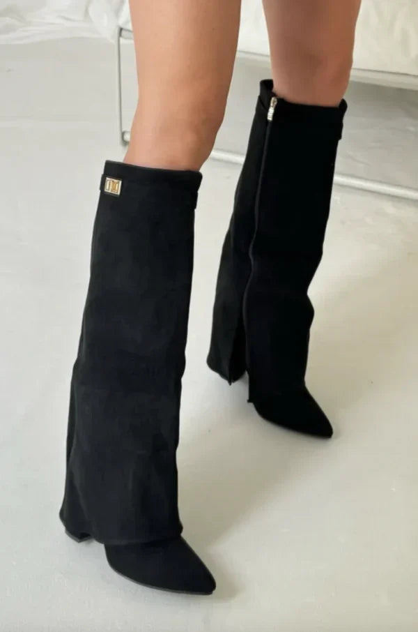 Knee High Boots Suede Block Heel Buckle Inside Zip Winter Boots | Olive