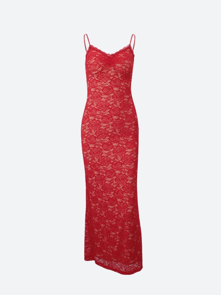 FJØRNA lace bodycon maxi dress for women, elegant evening and formal wear with intricate lace details.