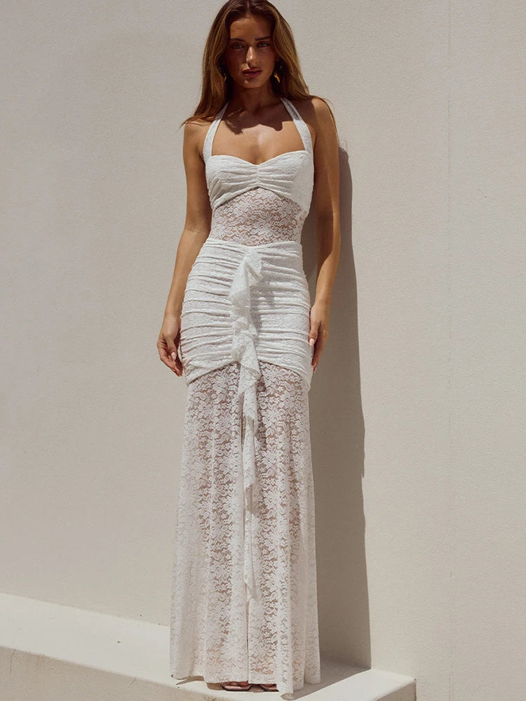 FJØRNA lace women's maxi dress featuring intricate lace details, perfect for evening and formal occasions.