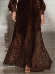 FJØRNA elegant velvet maxi dress for women with high neck, lace patchwork, and balloon sleeves, perfect for stylish occasions.