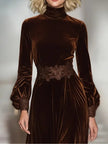 FJØRNA elegant velvet maxi dress for women with lace patchwork, high neckline, and balloon sleeves, perfect for stylish occasions.