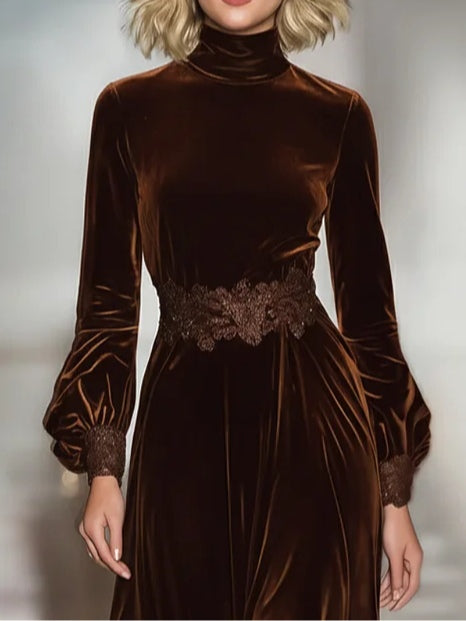 FJØRNA elegant velvet maxi dress for women with lace patchwork, high neckline, and balloon sleeves, perfect for stylish occasions.