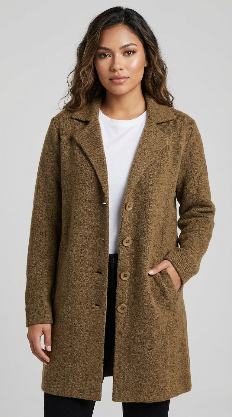 Long Coat Women Lapel Collar Button Front Side Pockets