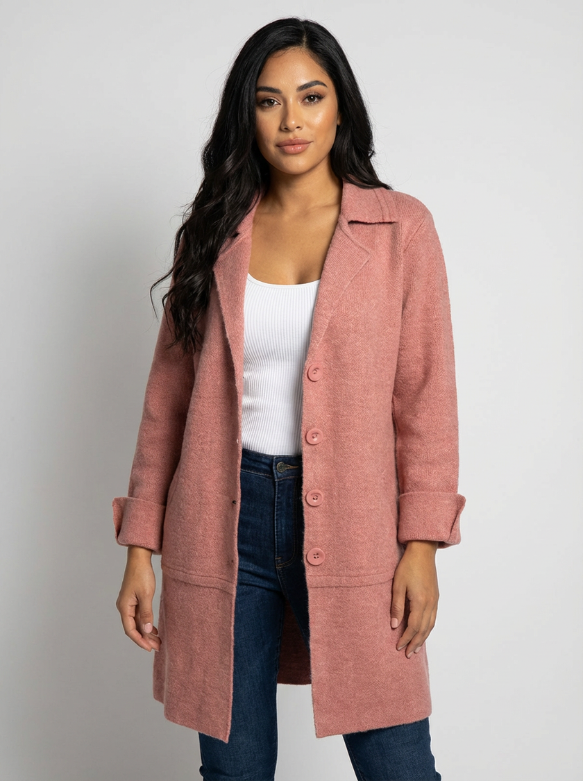Long Coat Women Lapel Collar Button Front Side Pockets