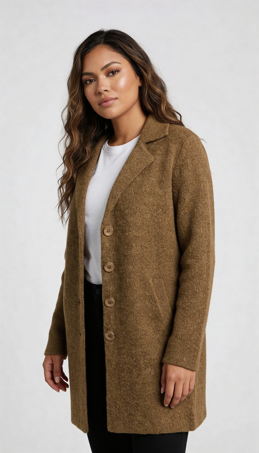 Long Coat Women Lapel Collar Button Front Side Pockets