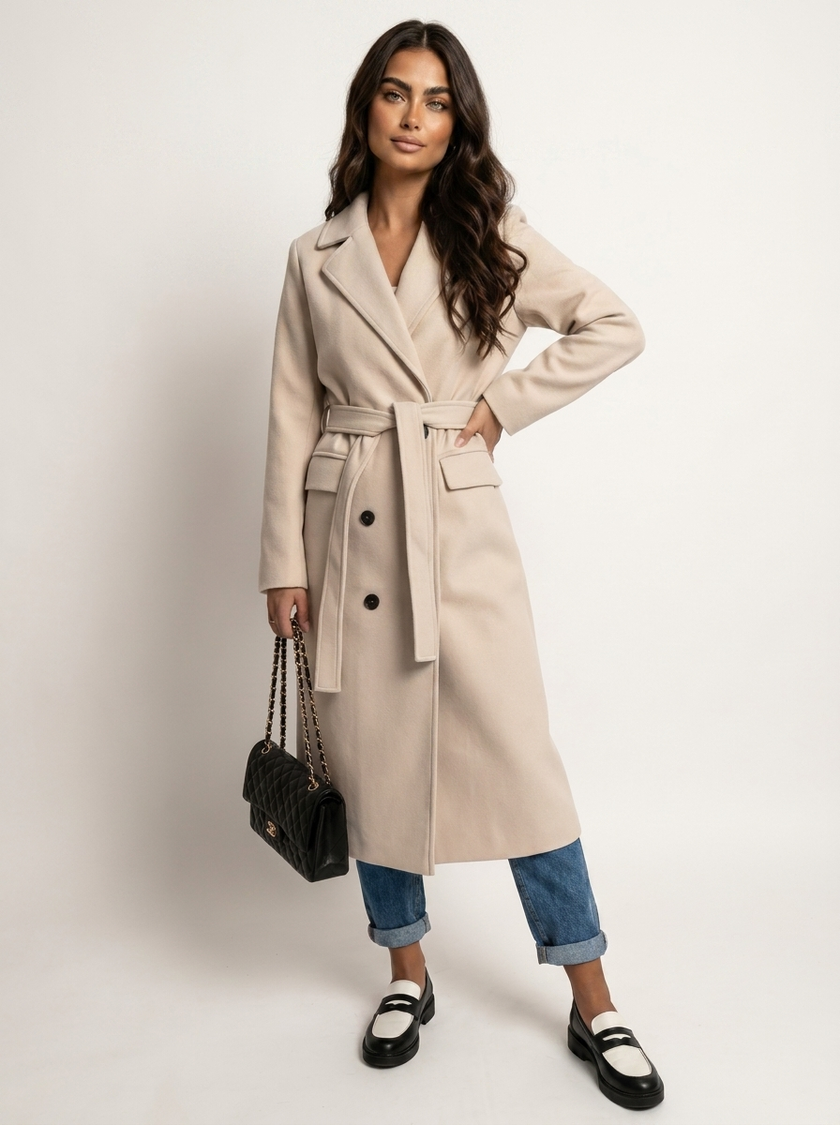 Double Breasted Coat Women Long Wide Lapel Collar