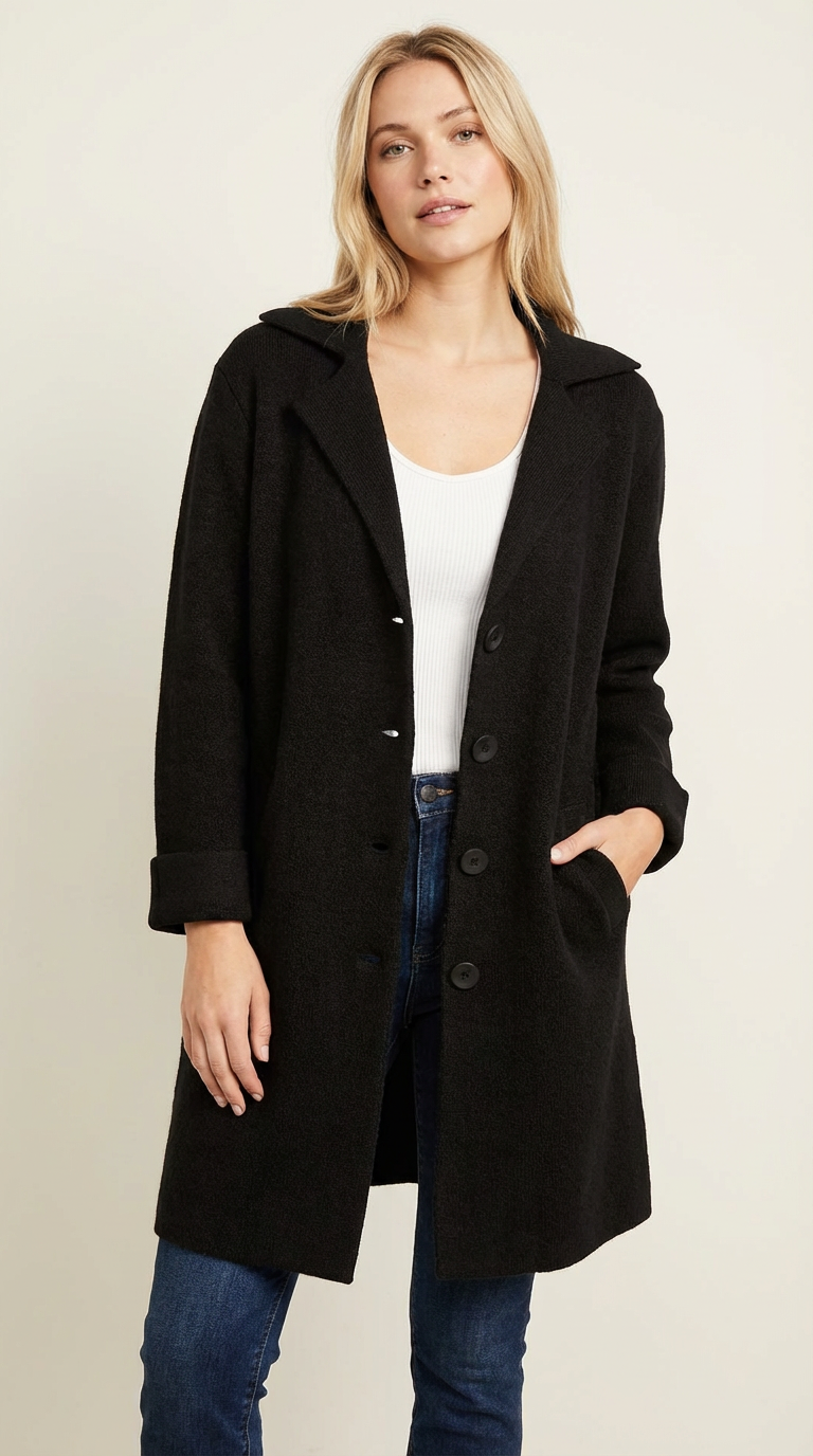 Long Coat Women Lapel Collar Button Front Side Pockets