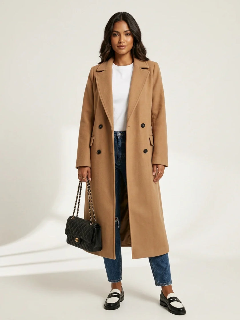 Double Breasted Coat Women Long Wide Lapel Collar