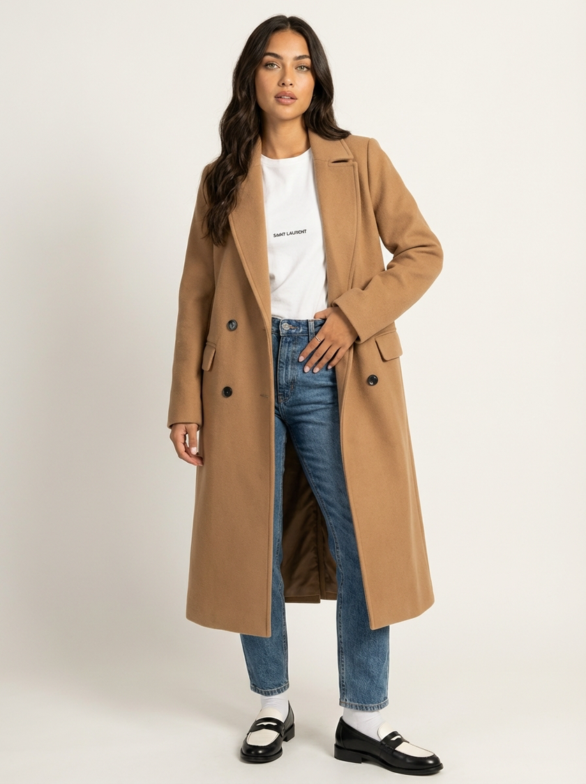 Double Breasted Coat Women Long Wide Lapel Collar