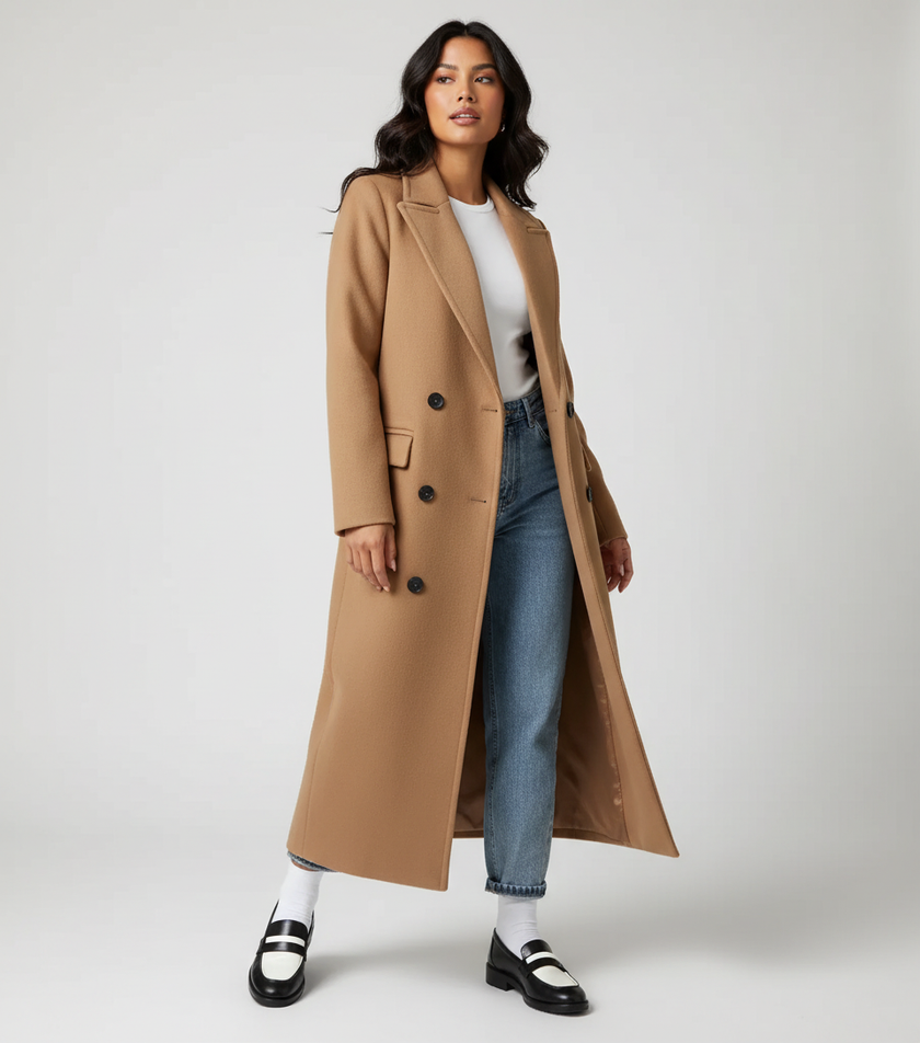 Double Breasted Coat Women Long Wide Lapel Collar