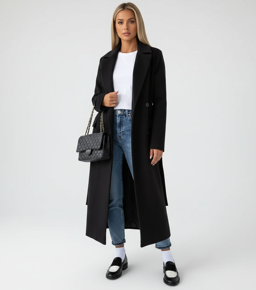 Double Breasted Coat Women Long Wide Lapel Collar