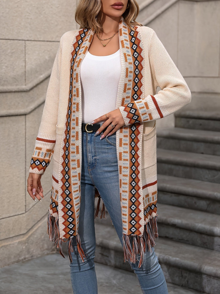 Boho Fringe Cardigan Women, Longline Open-Front Knit