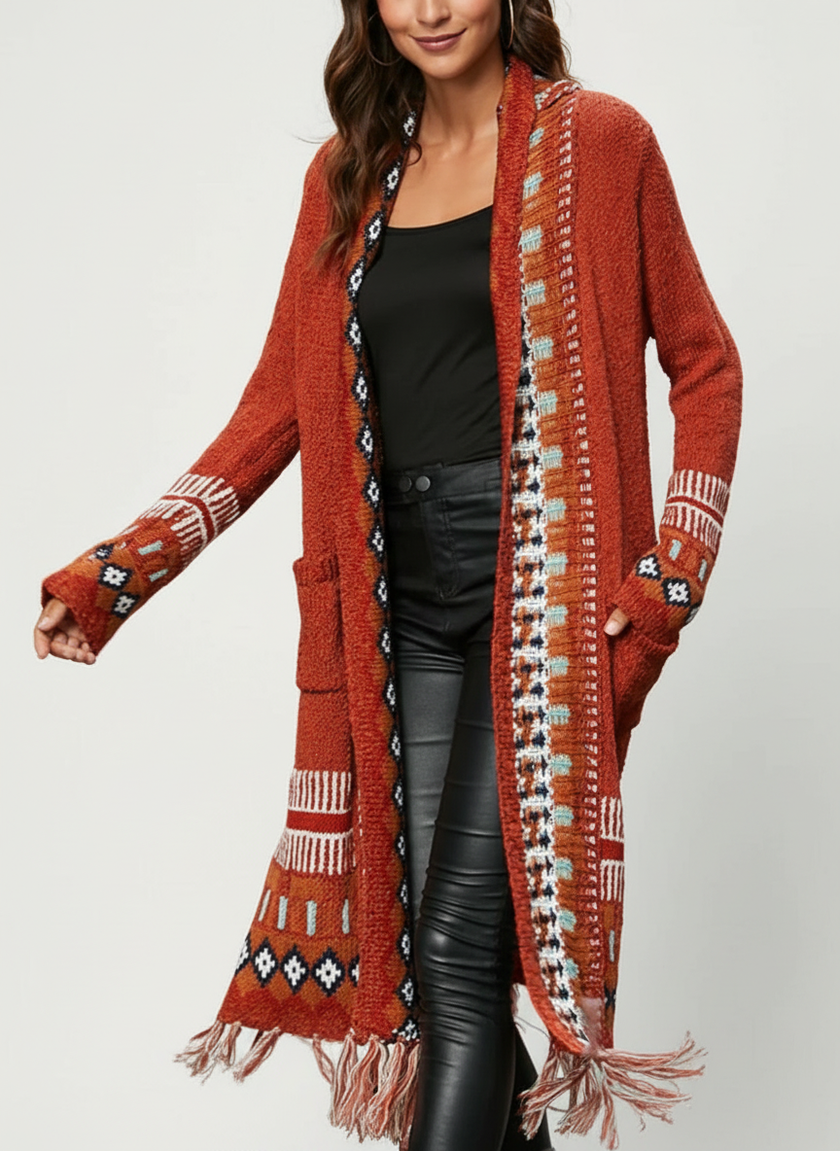 Boho Fringe Cardigan Women, Longline Open-Front Knit