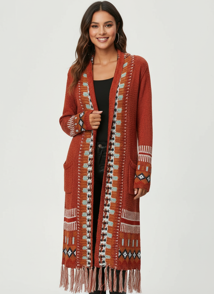 Boho Fringe Cardigan Women, Longline Open-Front Knit