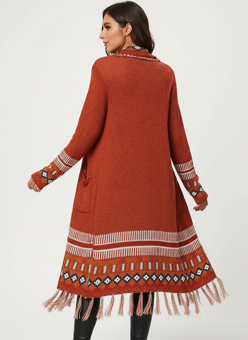 Boho Fringe Cardigan Women, Longline Open-Front Knit