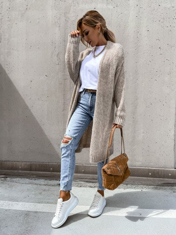 Long Knit Cardigan Women Open Front Relaxed Fit Mid-Season