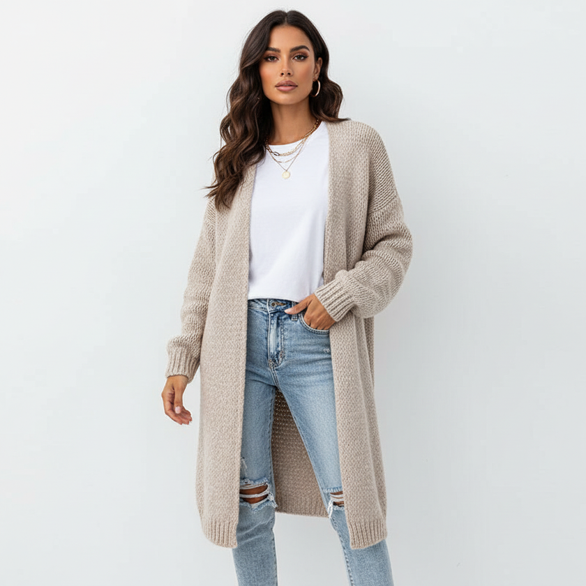 Long Knit Cardigan Women Open Front Relaxed Fit Mid-Season