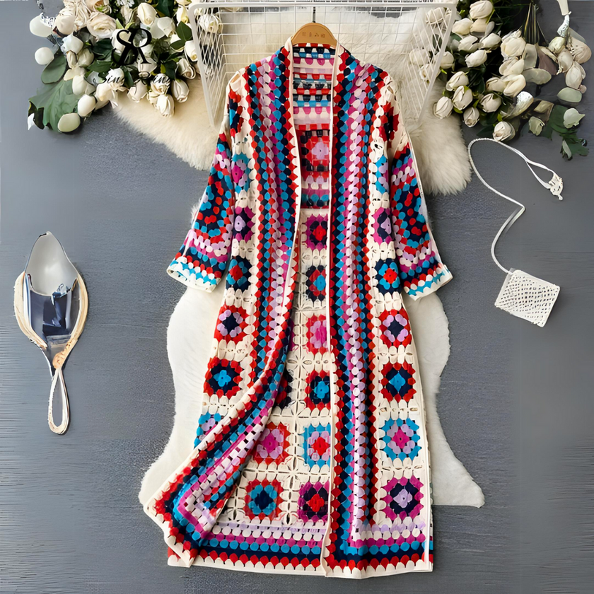 Longline Crochet Cardigan Women Open Front Colourful