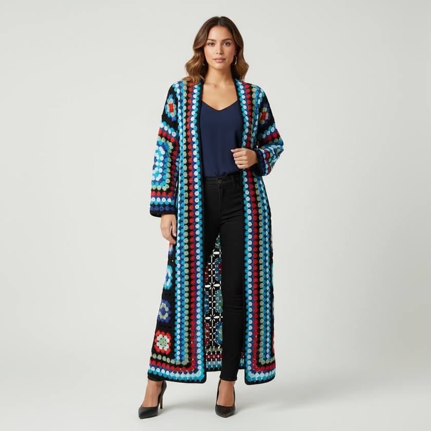 Longline Crochet Cardigan Women Open Front Colourful