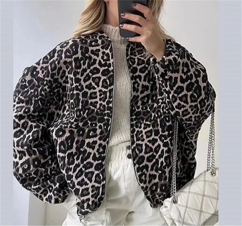 Bomber Jacket Women Leopard Print Relaxed Fit